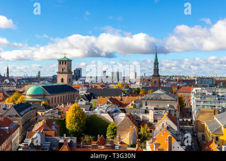 Beautiful view of the Copenhagen from top on round tower in warm sunny clear autumn weather, scenic Copenhagen cityscape in the fall, Denmark Stock Photo