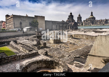 Metropolitan Cathedral Templo Mayor Zocalo Mexico City Mexico. Aztec Temple created from 1325 to 1521. Temple stones used to create cathedral. Stock Photo