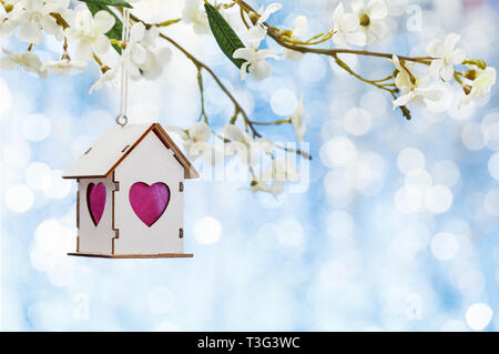 White Wood nesting box hunging on blooming peach branch. Stock Photo