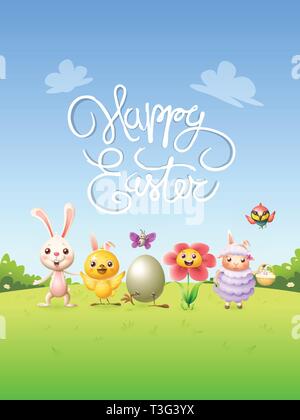 Happy Easter poster with cute happy animals - bunny chicken broken egg flower lamb bird and butterfly Stock Vector