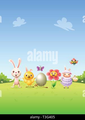 Easter template poster with cute happy animals - bunny chicken broken egg flower lamb bird and butterfly Stock Vector