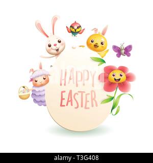 Easter greeting card - animal characters on egg shape celebrate Easter isolated on white background Stock Vector