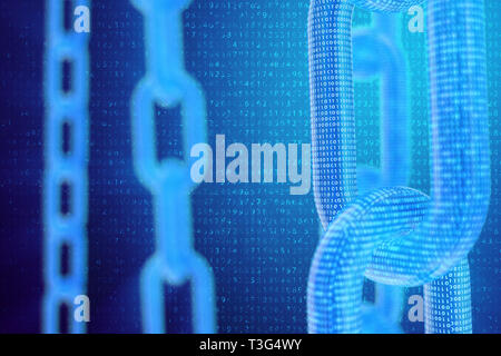 3D illustration digital blockchain code. Chain links network. Binary ...