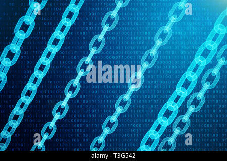 3D illustration digital block chain code. Chain links network. Low polygonal grid of triangles glowing in blue dot network, abstract background. Conce Stock Photo