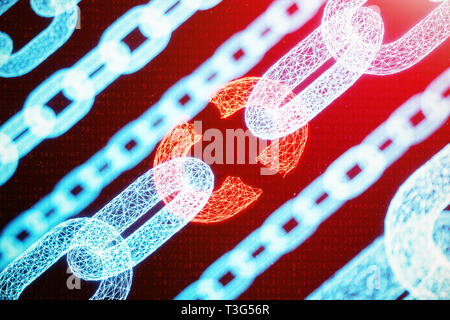 Disconnected, broken chain, digital block chain technology. Cryptocurrency, concept of digital code. Block chain concept. Low polygonal grid of triang Stock Photo