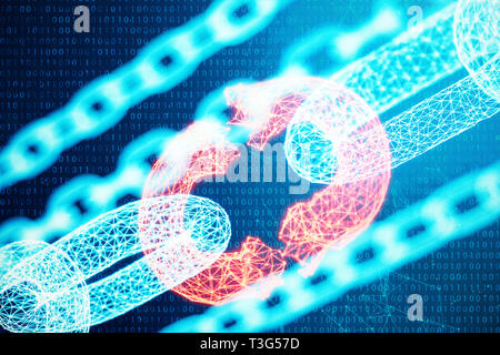 Disconnected, broken chain, digital block chain technology. Cryptocurrency, concept of digital code. Block chain concept. Low polygonal grid of triang Stock Photo