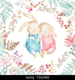 Two cute Rabbits and cotton. Watercolor Easter art print. Hand drawn illustration. Beauty cartoon bunny with flowers and floral, greeting card, birthd Stock Photo