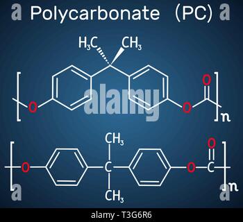 Polycarbonate (PC) thermoplastic polymer molecule. Structural chemical formula on the dark blue background. Vector illustration Stock Vector