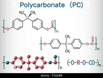 Polycarbonate (PC) thermoplastic polymer molecule. Structural chemical formula and molecule model. Vector illustration Stock Vector