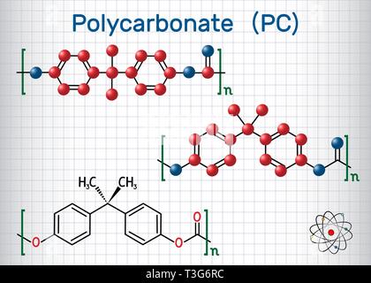 Polycarbonate (PC) thermoplastic polymer molecule. Sheet of paper in a cage. Structural chemical formula and molecule model. Vector illustration Stock Vector