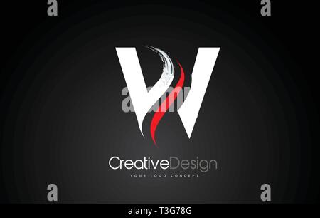 White and Red W Letter Design Brush Paint Stroke. Letter Logo with Black Background Stock Vector