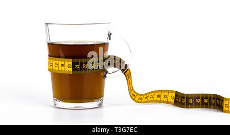 Slimming tea, cup with tea with lemon and measuring tape isolated on white background Stock Photo
