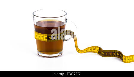 Slimming tea, cup with tea with lemon and measuring tape isolated on white background Stock Photo