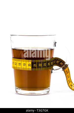 Slimming tea, cup with tea with lemon and measuring tape isolated on white background Stock Photo