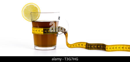 Slimming tea, cup with tea with lemon and measuring tape isolated on white background Stock Photo