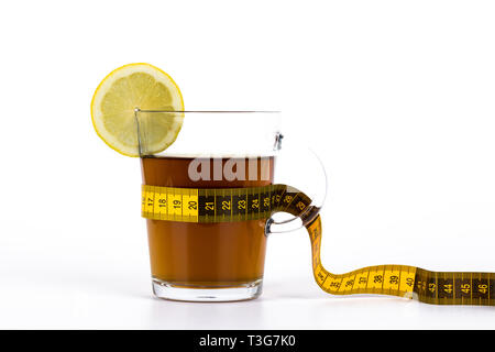 Slimming tea, cup with tea with lemon and measuring tape isolated on white background Stock Photo