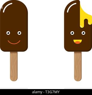 Ice cream on wooden stick chocolate glaze orange yellow filling different emotion face emoji set smile funny laugh licking lips melting. Vector illust Stock Vector