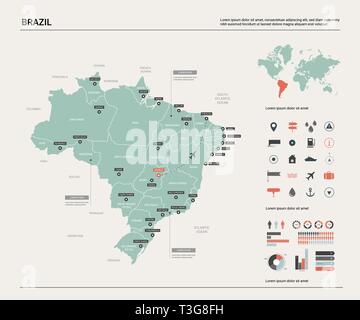 Vector map of Brazil.  High detailed country map with division, cities and capital Brasilia. Political map,  world map, infographic elements. Stock Vector