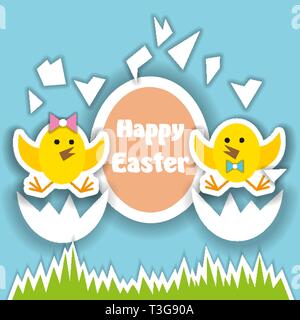 cute cartoon chiken on blue grunge background. Happy Easter greeting card template. Spring holiday background. Stock Vector