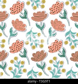 Seamless pattern with paper tulips on white background Stock Vector