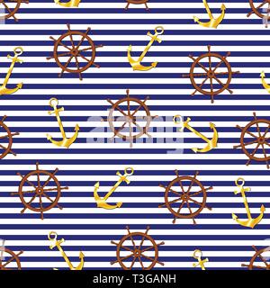 Nautical style seamless pattern. Golden anchor, wooden ship steering wheel on blue, white striped background. Elegant texture for web design, fabric,  Stock Vector