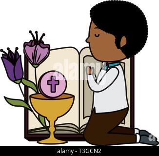 little black boy kneeling with bible and chalice first communion Stock Vector