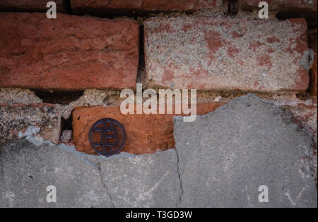 Made from black plastic custom bit coin in nature Stock Photo