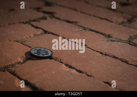 Made from black plastic custom bit coin in nature Stock Photo