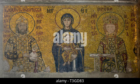 Istanbul, Turkey - September 19 - 2018: Hagia Sophia. Mosaic depicting the Virgin Mary with Jesus in her arms, Emperor John II and Empress Irene Stock Photo