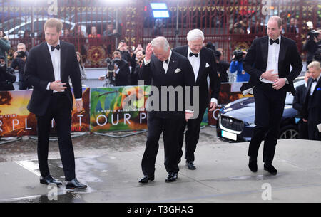The Duke of Sussex, the Prince of Wales, Sir David Attenbrough and the Duke of Cambridge attending the global premiere of Netflix's Our Planet, held at the Natural History Museum, London. Stock Photo
