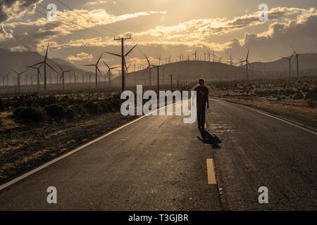 A lone figure on a desert highway is dwarfed by a golden hour landscape covered with windmills in California near Palm Springs. Stock Photo