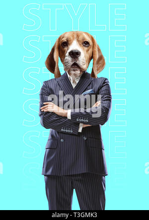 Style for everyone. Male body in black business suit with the dog head against blue background. Modern design. Contemporary art collage. Concept of fashion and animal, pets rights. Stock Photo