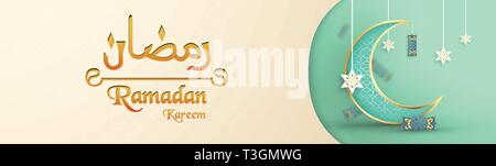 Template for Ramadan Kareem with green and gold color. 3D Vector illustration design in paper cut and craft  for islamic greeting card, invitation, bo Stock Vector