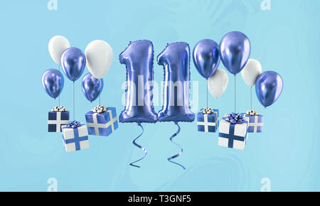 Number 11 birthday celebration gold balloon with presents. 3D Render Stock Photo