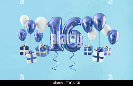 Number 16 birthday celebration gold balloon with presents. 3D Render Stock Photo