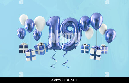 Number 19 birthday celebration gold balloon with presents. 3D Render Stock Photo