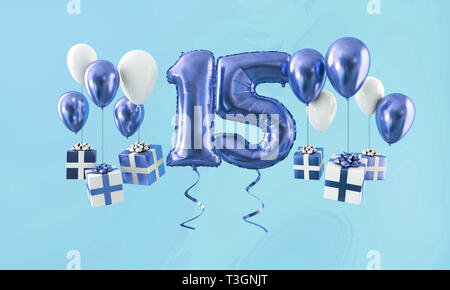 Number 15 birthday celebration gold balloon with presents. 3D Render Stock Photo
