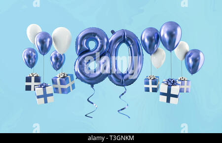 Number 80 birthday celebration gold balloon with presents. 3D Render Stock Photo