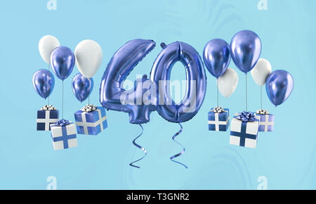 Number 40 birthday celebration gold balloon with presents. 3D Render Stock Photo