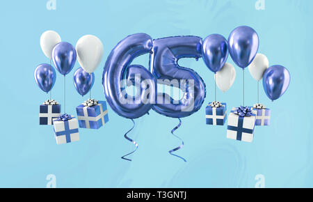 Number 65 birthday celebration gold balloon with presents. 3D Render Stock Photo