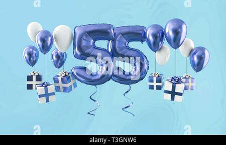 Number 55 birthday celebration gold balloon with presents. 3D Render Stock Photo