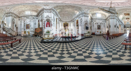 360 degree panoramic view of VILNIUS, LITHUANIA - SEPTEMBER, 2018: full seamless spherical panorama 360 by 180 degrees angle view interior baroque catholic church. 360 panorama in