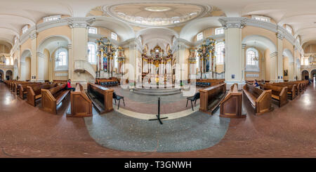 360 degree panoramic view of VILNIUS, LITHUANIA - SEPTEMBER, 2018: full seamless spherical panorama 360 by 180 degrees angle view interior baroque catholic church. 360 panorama in