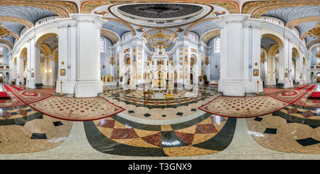 360 degree panoramic view of VITEBSK, BELARUS - OCTOBER, 2018: Full seamless panorama 360 angle degrees view inside interior of awesome orthodox church. 360 panorama in equirectan