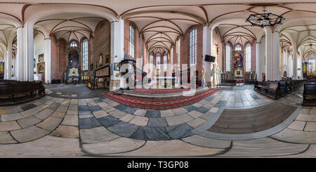 360 degree panoramic view of WROCLAW, POLAND - SEPTEMBER, 2018: full seamless spherical panorama 360 by 180 degrees angle view interior gothic catholic church. 360 panorama in equ