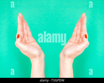 The Raise The Roof Hand Sign. Woman hands holding something invisible on isolated turquoise green color background. Prop up with hands something. Stock Photo