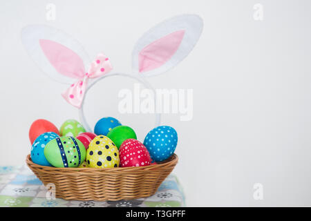 Happy Ester. View of multicolored easter eggs with handmade ornament made by a talent child Stock Photo