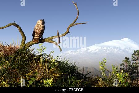 An owl sits on a dead branch on a hillside overlooking a snow capped mountain in the distance. 3D rendering Stock Photo