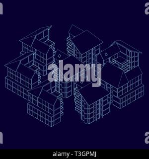 Wireframe of the houses standing nearby. Isometric view. District homes. 3D. Vector illustration Stock Vector