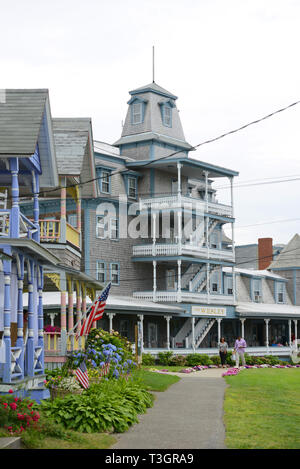 Carpenter Gothic Cottages with Victorian style, gingerbread trim in Ocean Park, town of Oak Bluffs on Martha's Vineyard, Massachusetts, USA. Stock Photo